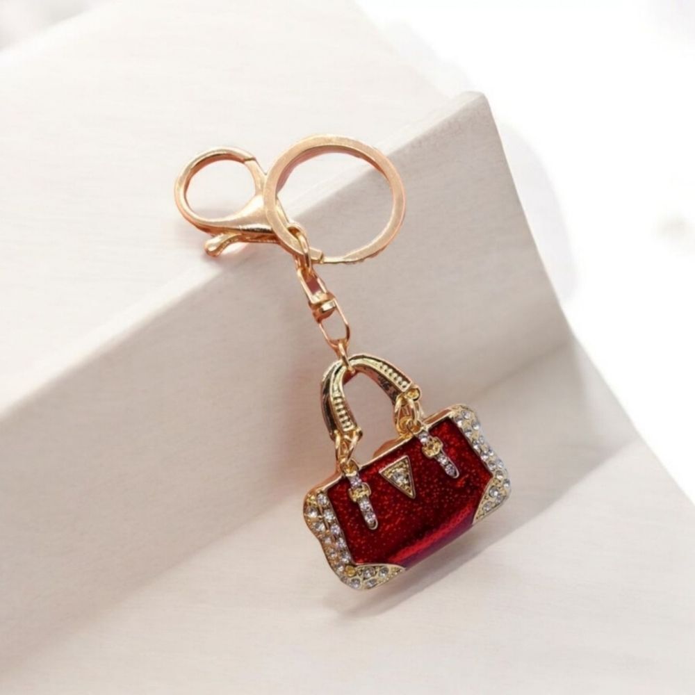 Red Mini Handbag Purse Charm Keychain Rhinestone Gold Bag Clip Enamel Accessory